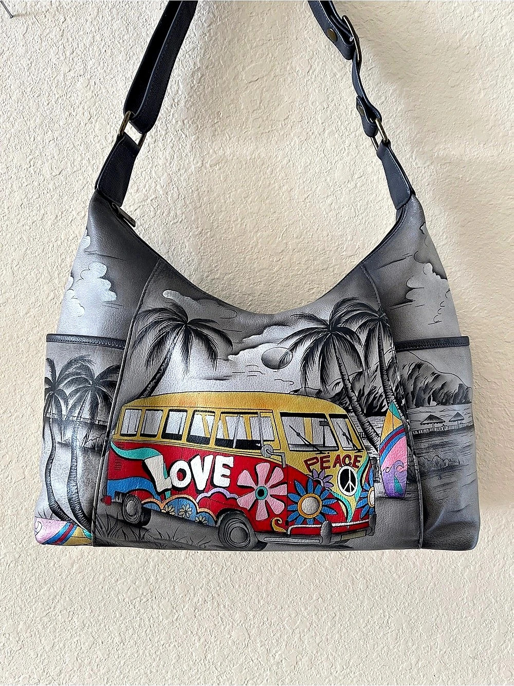 Anuschka Happy Camper Hand-Painted Leather Hobo Bag Gray & Red
